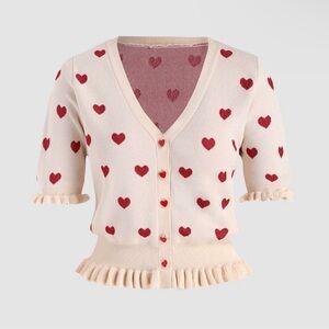 Heart Patterned Cream and Red Women's Sweater